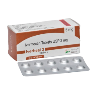 The image shows a white and reddish-brown medicine box for Iverheal 3, which contains Ivermectin Tablets USP 3 mg. The box prominently displays the generic name and dosage in black text, while the brand name "Iverheal 3" is featured in a brown band near the bottom. It indicates a quantity of 10 x 10 Tablets and is manufactured by Healing Pharma, whose logo is visible on the lower right. Below the box is a silver foil blister pack containing ten round tablets.