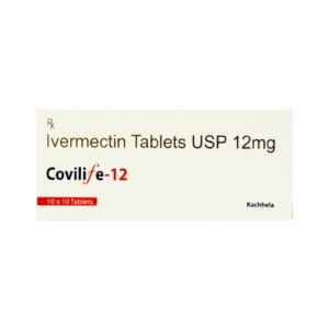 A product box for Covilife-12, containing Ivermectin Tablets USP 12mg. The white packaging features the brand name in bold black and red text, with "10 x 10 Tablets" noted in a red strip at the bottom left and the manufacturer name, "Kachhela," printed in the bottom right corner.