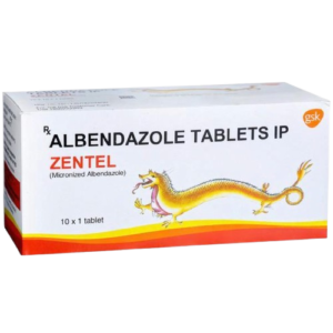 A product image of the Zentel (Micronized Albendazole) tablet box by GSK. The packaging features a distinctive yellow dragon illustration and contains 10 individually wrapped tablets. Zentel is an anthelmintic medication used to treat various parasitic worm infestations, such as roundworm, hookworm, and tapeworm, by preventing the worms from absorbing sugar (glucose) so that they lose energy and die.