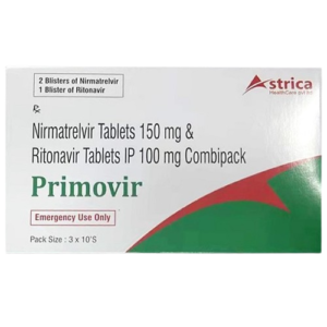 A front-facing view of a white rectangular medicine box for Primovir. The box identifies the contents as a Nirmatrelvir Tablets 150 mg & Ritonavir Tablets IP 100 mg Combipack. The top left corner specifies it contains 2 blisters of Nirmatrelvir and 1 blister of Ritonavir. The brand name "Primovir" is printed in a bold green font, and a red box at the bottom states "Emergency Use Only." The Astrica HealthCare logo is visible in the top right, and the bottom right features a green and red curved graphic.
