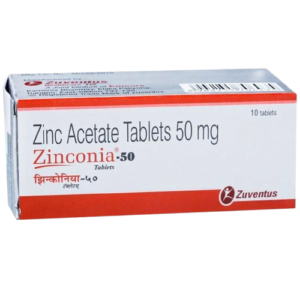 A front-angled view of a white rectangular medicine box for Zinconia-50. The text on the box identifies the contents as Zinc Acetate Tablets 50 mg. The design features two horizontal red bands, one at the top and one at the bottom. The brand name "Zinconia-50" is printed in dark red, and the Zuventus company logo and name are visible in the bottom right corner. The box indicates it contains 10 tablets.