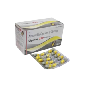This image displays the packaging and a blister strip for Cipmox 250, an antibiotic manufactured by Cipla. The box identifies the medication as Amoxycillin Capsules IP 250 mg, with the brand name printed in red. The packaging features a white and grey design with a curved yellow graphic element. In front of the box is a clear blister pack containing fifteen two-tone capsules, which appear to be yellow and grey in color.