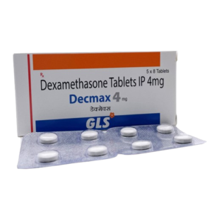 Gemini said The image shows a box of Decmax 4 mg, which contains Dexamethasone Tablets IP 4mg. The packaging is white with an orange stripe at the top and a blue base featuring the GLS logo. In front of the box is a silver blister pack containing eight small, round white tablets. The box indicates a quantity of 5 x 8 Tablets.