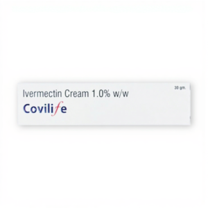 A rectangular white box for Covilife brand Ivermectin Cream 1.0% w/w. The text is clean and minimalist, featuring the brand name with a stylized red "f" and the product weight "30 gm." listed in the upper right corner.