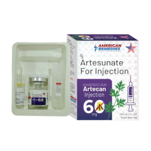 A product shot featuring a white rectangular box for American Artecan Injection next to its internal plastic tray. The tray contains a small glass vial of powdered medicine, a clear glass ampoule, and a plastic dropper bottle. The box identifies the medication as Artesunate For Injection 60 mg, manufactured by American Remedies. The packaging design includes a purple section, an illustration of a green leaf, a syringe icon, and a mosquito inside a red prohibition sign, indicating its use as an antimalarial treatment for I.M./I.V. use.