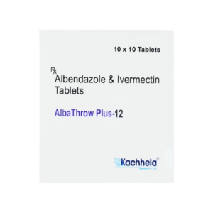 A white medicine box for AlbaThrow Plus-12 is shown against a plain light background. The packaging prominently lists the generic ingredients as Albendazole & Ivermectin Tablets. The brand name is printed in a blue font in the center. In the top right corner, the quantity is specified as 10 x 10 Tablets, and a prescription "Rx" symbol appears in the upper left. The manufacturer's logo, Kachhela Medex Pvt Ltd, featuring a blue globe icon, is located in the bottom right corner.
