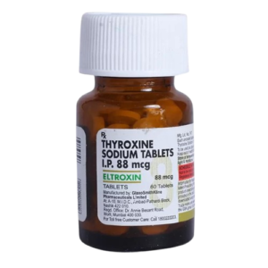 A small amber glass bottle with a white ribbed screw-cap, containing Thyroxine Sodium Tablets I.P. 88 mcg. The label displays the brand name ELTROXIN in green text and indicates the bottle contains 60 tablets. It specifies the manufacturer as GlaxoSmithKline Pharmaceuticals Limited and includes a large, pale yellow "88" printed in the background of the dosage section.