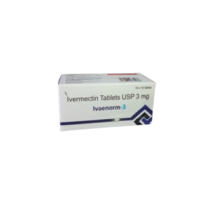 The image shows a rectangular white medicine box for Ivaenorm-3, which contains Ivermectin Tablets USP 3 mg. The packaging features the brand name in blue and teal text, along with a geometric blue and dark purple design on the bottom right corner. The top right of the box indicates a quantity of 10 x 10 Tablets, and it is marked with the "Rx" symbol, signifying it is a prescription-only medication.