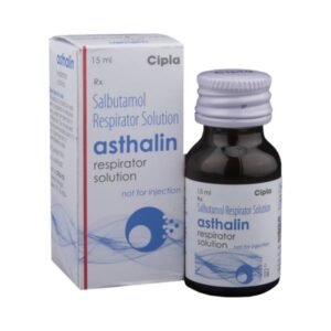 A product image featuring a box and a 15 ml bottle of Asthalin Respirator Solution by Cipla. This Salbutamol solution is used for inhalation via a nebulizer to provide rapid relief from bronchospasm in conditions like asthma and COPD. The packaging explicitly states "not for injection," indicating it is strictly for respiratory use to help open the airways and facilitate easier breathing.