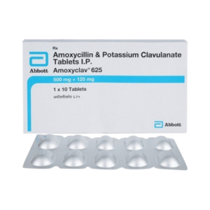 This image features the pharmaceutical packaging and a matching blister pack for Amoxyclav 625, an antibiotic produced by Abbott. The white box prominently displays the generic formulation as Amoxycillin & Potassium Clavulanate Tablets I.P., specifying a combined dosage of 500 mg + 125 mg. The design includes a light blue accent stripe and the Abbott logo in the corners, indicating the pack contains 10 tablets. Below the box sits a silver aluminum blister strip with ten individual compartments housing the tablets.