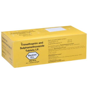 This image shows a yellow box of Bactrim d.s., which are Trimethoprim and Sulphamethoxazole Tablets I.P.. The packaging indicates that it is a "double strength" formula, with each uncoated tablet containing 160 mg of Trimethoprim and 800 mg of Sulphamethoxazole. The product is manufactured by Piramal Enterprises Limited and marketed by Abbott Healthcare Pvt. Ltd. under license from F. Hoffmann-La Roche Limited.