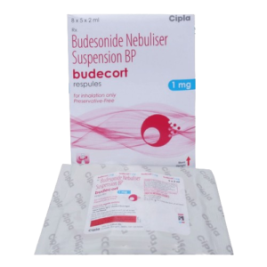 A product image showing a box and a foil pouch of Budecort respules (0.5 mg) by Cipla. This Budesonide Nebuliser Suspension is a preservative-free corticosteroid used for inhalation via a nebulizer to reduce inflammation in the airways, helping to prevent and manage asthma symptoms and other respiratory conditions.