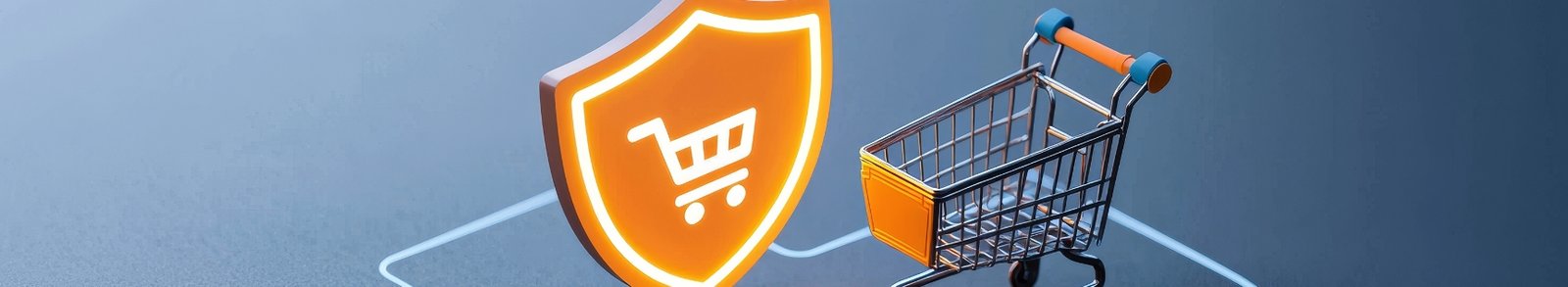 A 3D digital graphic depicts a miniature metal shopping cart positioned next to a glowing orange shield on a dark, textured surface. The shield features a white shopping cart icon in its center and emits a warm light, symbolizing secure online shopping and consumer protection. Thin, white neon-like lines trace a path on the floor around the objects, enhancing the high-tech, digital security theme. The overall composition uses a striking contrast between the cool blue-grey background and the vibrant orange glow of the shield.