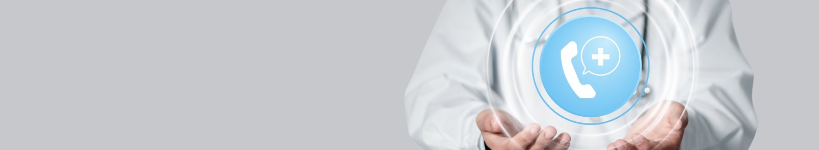 Doctor offering online medical consultation with a blue digital phone icon; ideal for 24/7 healthcare support and telehealth services.