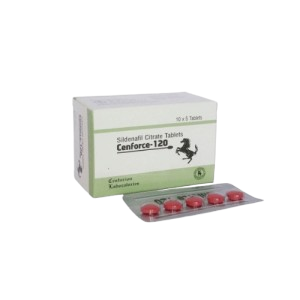 Cenforce-120 Sildenafil Citrate tablets box and white and olive green pack of small red pills for the treatment of Erectile Dysfunction (ED).