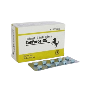 Cenforce-25 Sildenafil Citrate tablets box and silver blister pack of small blue pills for the treatment of Erectile Dysfunction (ED).