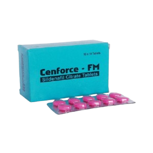 A box of Cenforce-FM (sildenafil citrate tablets) alongside a blister pack of pink, round-shaped pills..