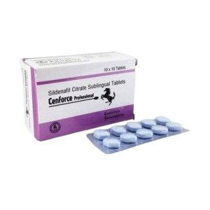 A box of Cenforce Professional (Sildenafil Citrate Sublingual Tablets), alongside a blister pack of blue, diamond-shaped pills.