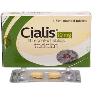 Cialis 10mg Tadalafil film-coated tablets box with a blister pack containing two yellow almond-shaped pills for Erectile Dysfunction (ED) relief.
