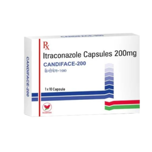Candiface-200 Itraconazole Capsules 200mg white box with blue and red graphic lines for the treatment of fungal infections.