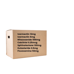 Gemini said This image shows a plain brown cardboard shipping box featuring a list of various medications and their dosages printed in black text on the side. The list includes : Ivermectin 12mg,Ivermectin 6mg,Nitazoxanide 500mg,Calcitriol 0.25mcg,Spironolactone 100mg,Dutasteride 0.5mg,Fluvoxamine 50mg The box is shown at a slight angle against a light grey background, highlighting its rectangular shape and a small black handle or opening on the left side.