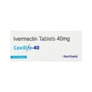 The Box: A clean white rectangular box with the generic name Ivermectin Tablets 40mg printed in black at the top. The brand name Covilife-40 is prominently featured in a blue, stylized font. Quantity and Manufacturer: The bottom left corner has a blue tab indicating 10 x 10 Tablets. The bottom right features the logo for the manufacturer, Kachhela Medex Pvt Ltd.