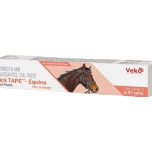 The image shows a box of Kick TAPEโข - Equine Oral Paste, a veterinary medication manufactured by Veko. The packaging is primarily white and orange, featuring a prominent illustration of a horse's head in the center. The text on the box identifies the active ingredients as Ivermectin and Praziquantel Oral Paste. It is clearly labeled "For Veterinary Use Only" and specifies that the package contains "One Syringe of 6.42 gms." The brand name "Kick TAPE" is also written in Hindi script below the English title.