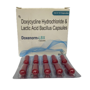 A white medicine box and a blister pack for Doxenorm-LBX Capsules are displayed against a plain background. The box prominently lists the active ingredients as Doxycycline Hydrochloride & Lactic Acid Bacillus Capsules. The brand name is printed in a blue and green font above a decorative blue wavy pattern. A blister pack in the foreground contains ten dark red capsules arranged in two rows of five. The top right of the box indicates a quantity of 10 x 10 Capsules, and the manufacturer's name, Enormmed, is visible at the bottom right.
