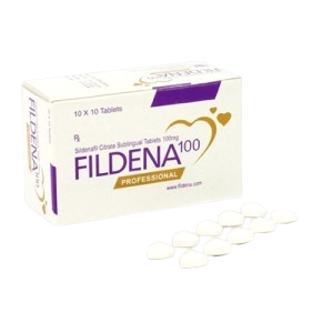 Fildena Professional 100mg Sildenafil Citrate sublingual tablets white box and a set of white heart-shaped pills for ED relief.