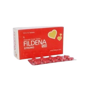 Product shot of Fildena 120 featuring a red box with gold heart patterns. In front of the box is a matching red and gold sachet containing the medication.