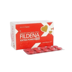 Product shot of Fildena 150 featuring a red box with gold heart patterns. In front of the box is a matching red and gold sachet containing the medication.