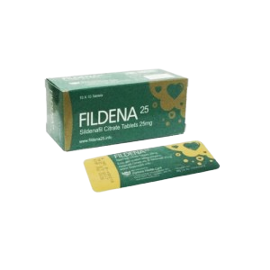Product shot of Fildena 25 (Sildenafil Citrate, 25 mg) featuring a dark green box with gold heart patterns. In front of the box is a matching green and gold sachet containing the medication.