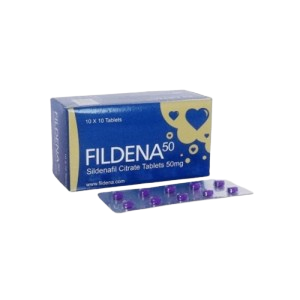 Fildena 50mg Sildenafil Citrate tablets blue box and silver blister pack of small purple pills for ED relief.