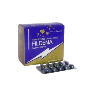 Product shot of Fildena Super Active (100 mg) featuring a purple and gold box with a lightning bolt and heart icons, alongside a silver blister pack containing ten dark, oval-shaped softgel capsules.