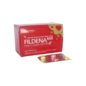 Fildena XXX Fruit Chew 100mg Sildenafil Citrate tablets red box with a blister pack of assorted flavored heart-shaped chewable pills for Erectile Dysfunction (ED).