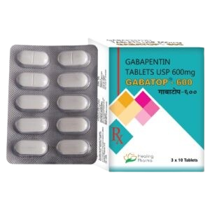 An image featuring a box and a blister pack of Gabatop-600, which are Gabapentin Tablets USP 600mg. The box has a teal and white design with a colorful diamond pattern in yellow, orange, and pink. It is manufactured by Healing Pharma and indicates a pack size of 3 x 10 tablets. Beside the box is a grey blister pack containing ten white, oval-shaped tablets arranged in two rows of five.