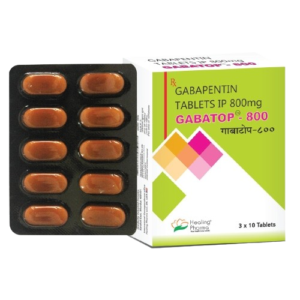 An image featuring a box and a blister pack of Gabatop-800, which are Gabapentin Tablets IP 800mg. The box has a lime green and white design with a colorful diamond pattern in orange, pink, and magenta. It is manufactured by Healing Pharma and indicates a pack size of 3 x 10 Tablets. Next to the box is a dark brown blister pack containing ten oval-shaped tablets arranged in two columns of five.