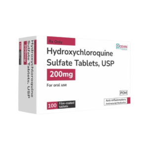 A 3D render of a white medicine box with maroon accents. The text identifies the contents as Hydroxychloroquine Sulfate Tablets, USP 200mg. The box prominently displays "Rx Only" and "For oral use," and indicates that it contains 100 film-coated tablets. The manufacturer's logo, Ocean Pharmaceutical, is in the top right corner, and the bottom right specifies it as an "Anti-inflammatory Antimalarial Medication."