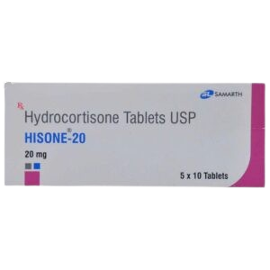 Gemini said This image shows the pharmaceutical packaging for HISONE-20, a corticosteroid medication manufactured by SAMARTH. The white box identifies the generic name as Hydrocortisone Tablets USP with a dosage strength of 20 mg printed in blue. The design includes a pink accent on the right side and small grey, blue, and pink squares on the bottom left. The packaging indicates a total quantity of 5x10 Tablets.
