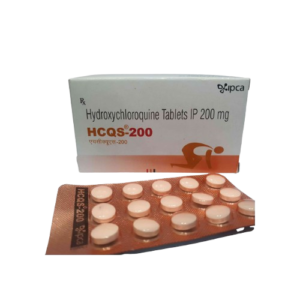 A product shot featuring a white medicine box for HCQS-200 standing behind a copper-colored blister pack containing 15 small round white tablets. The box identifies the medicine as Hydroxychloroquine Tablets IP 200 mg, manufactured by Ipca. The packaging includes a distinct orange-red band across the bottom with a stylized graphic of a person in a stretching pose.