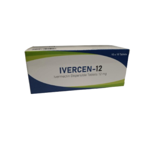 A front-angled view of a white rectangular medicine box for IVERCEN-12. The text on the box identifies the contents as Ivermectin Dispersible Tablets 12 mg. The design features curved green and dark blue swoosh patterns at the top left and bottom right corners. The top right corner specifies a quantity of "10 x 10 Tablets," and a barcode is visible on the top left.