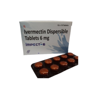 A product shot featuring a white medicine box for Impect-6 standing behind a dark blister pack containing 10 round, dark reddish-brown tablets. The box identifies the medication as Ivermectin Dispersible Tablets 6 mg. The packaging includes a stylized blue splash graphic on the right side and specifies a quantity of "10 x 10 Tablets" in the top right corner.