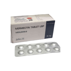 A product shot featuring a white medicine box for IVERJOHN-6 and a silver blister pack containing 10 round tablets. The box identifies the medication as IVERMECTIN TABLET USP 6 mg, manufactured by John Lee. The design includes a dark grey rectangular section on the right side of the box and specifies a quantity of "10 x 10 Tablets" in the top right corner.