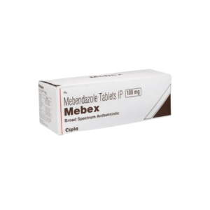 This image shows the pharmaceutical packaging for Mebex, a broad-spectrum anthelmintic medication manufactured by Cipla. The white box identifies the generic formulation as Mebendazole Tablets IP with a dosage strength of 100 mg clearly marked. The brand name, Mebex, is printed in a bold, dark brown font, and the box features a simple design with a brown triangular graphic element on the right side and a red vertical line on the left.