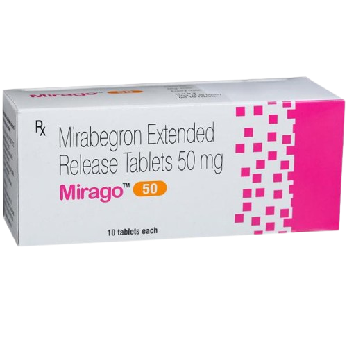 A front-facing view of a white rectangular medicine box for Mirago 50. The text on the box identifies the contents as Mirabegron Extended Release Tablets 50 mg. The design features a vibrant pink section on the right side with a pattern of white squares, and the brand name "Mirago" is printed in pink with the number "50" in a small orange oval. The bottom of the box indicates "10 tablets each."