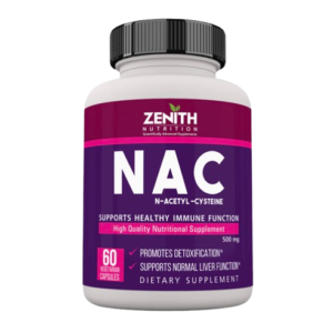 A supplement bottle of Zenith Nutrition NAC (N-Acetyl-Cysteine). The bottle is white with a vibrant purple and pink label featuring the text "NAC" in large white letters. Key details on the label include "500 mg" per serving, "60 Vegetarian Capsules," and claims that it supports healthy immune function, promotes detoxification, and supports normal liver function.