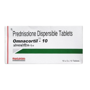 The image shows a box of Omnacortil-10, which are Prednisolone Dispersible Tablets.The white packaging features a prominent green horizontal stripe and the Macleods pharmaceutical logo in red. The box indicates a quantity of $10 \times 5 \times 10$ tablets.