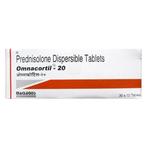 This image shows a white and red box of Omnacortil-20, which are Prednisolone Dispersible Tablets. The packaging features a prominent pink diagonal stripe and includes the manufacturer’s name, Macleods, in the bottom left corner. It indicates a pack size of 10 x 10 Tablets. The brand name and the generic name "Prednisolone Dispersible Tablets" are clearly printed in black text.