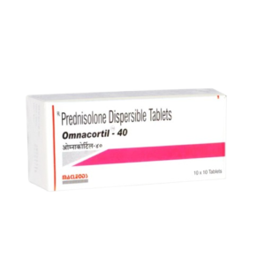 This image shows a white and pink box of Omnacortil-40, which are Prednisolone Dispersible Tablets. The packaging features a prominent pink diagonal stripe and includes the manufacturer’s name, Macleods, in the bottom left corner. It indicates a pack size of 10 x 10 Tablets. The brand name and the generic name "Prednisolone Dispersible Tablets" are clearly printed in black text.
