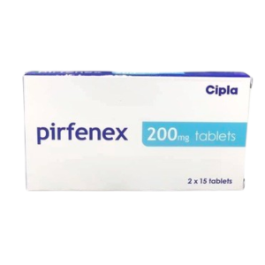 A front-facing view of a white rectangular medicine box for pirfenex. The box identifies the medication as 200mg tablets, manufactured by Cipla. The brand name is printed in a dark purple font, and the dosage "200mg" is highlighted within a light blue rectangular section on the right side of the box. The packaging indicates a quantity of "2 x 15 tablets" in the bottom right corner.